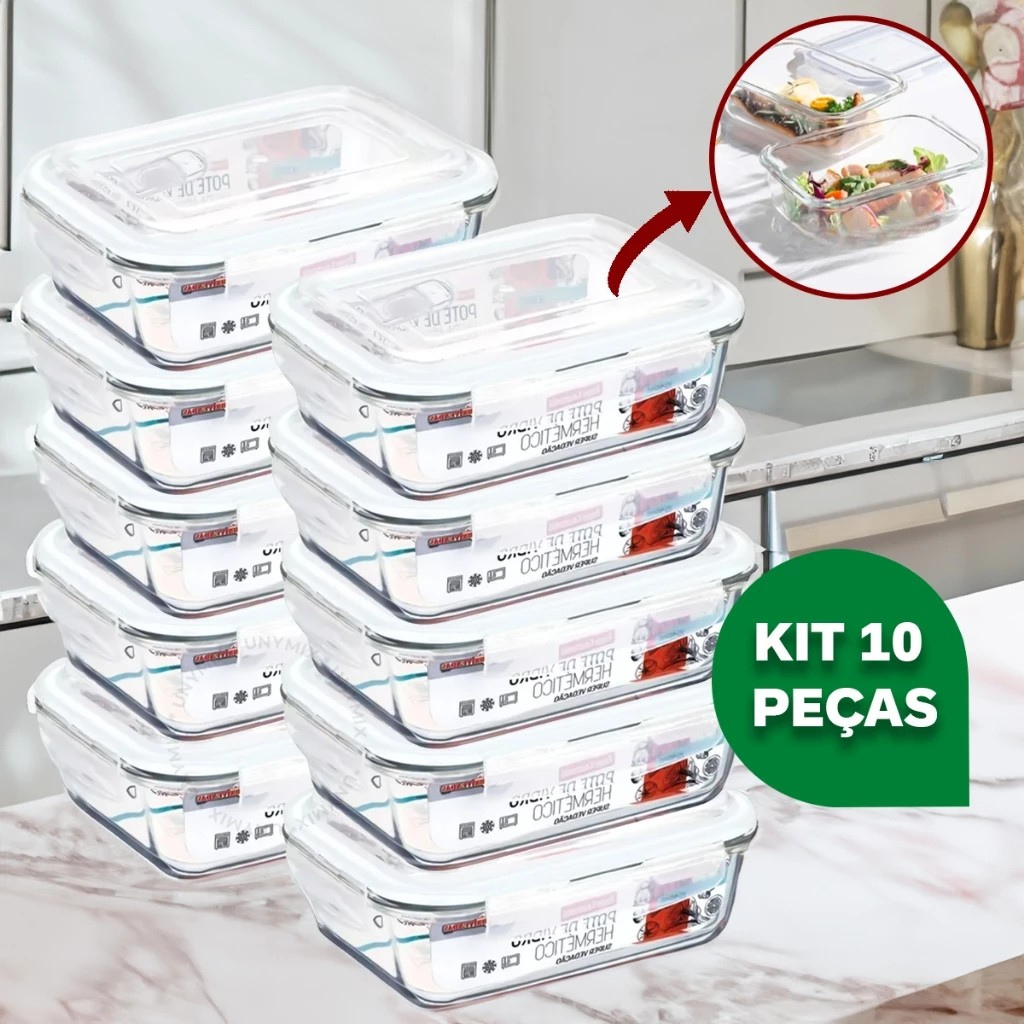 [ÚLTIMAS UNIDADES] Kit Potes de Vidro Hermético Retangular 10 Unidades